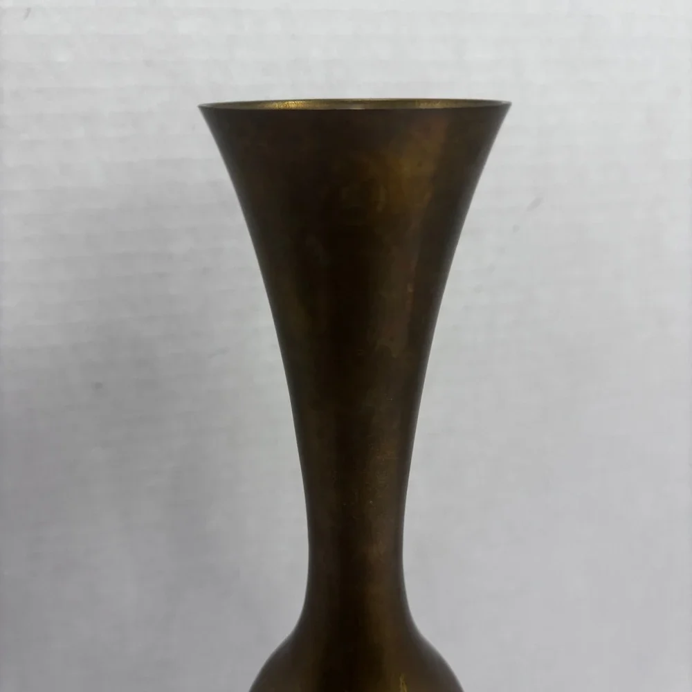 Vintage Solid‎ Brass Bud Vase Tall Slender Flared Rim Pedestal Base Aged Patina